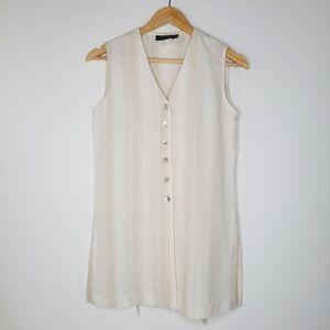 Vtg STUDIO J Cream Striped Longline Vest Sz S Linen Sleeveless Neutral Lagenlook